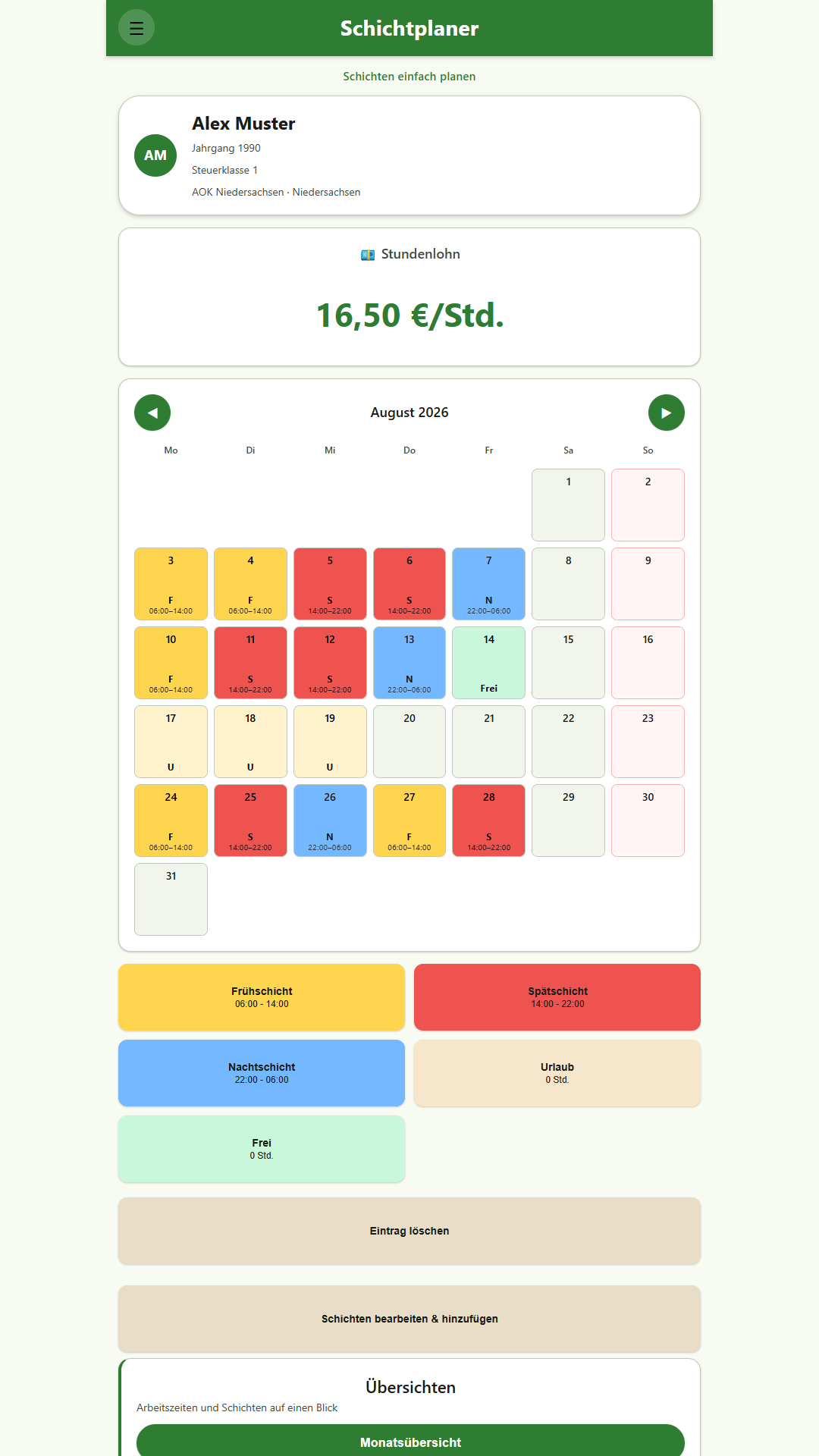 Schichtplaner App: Startseite mit Kalender